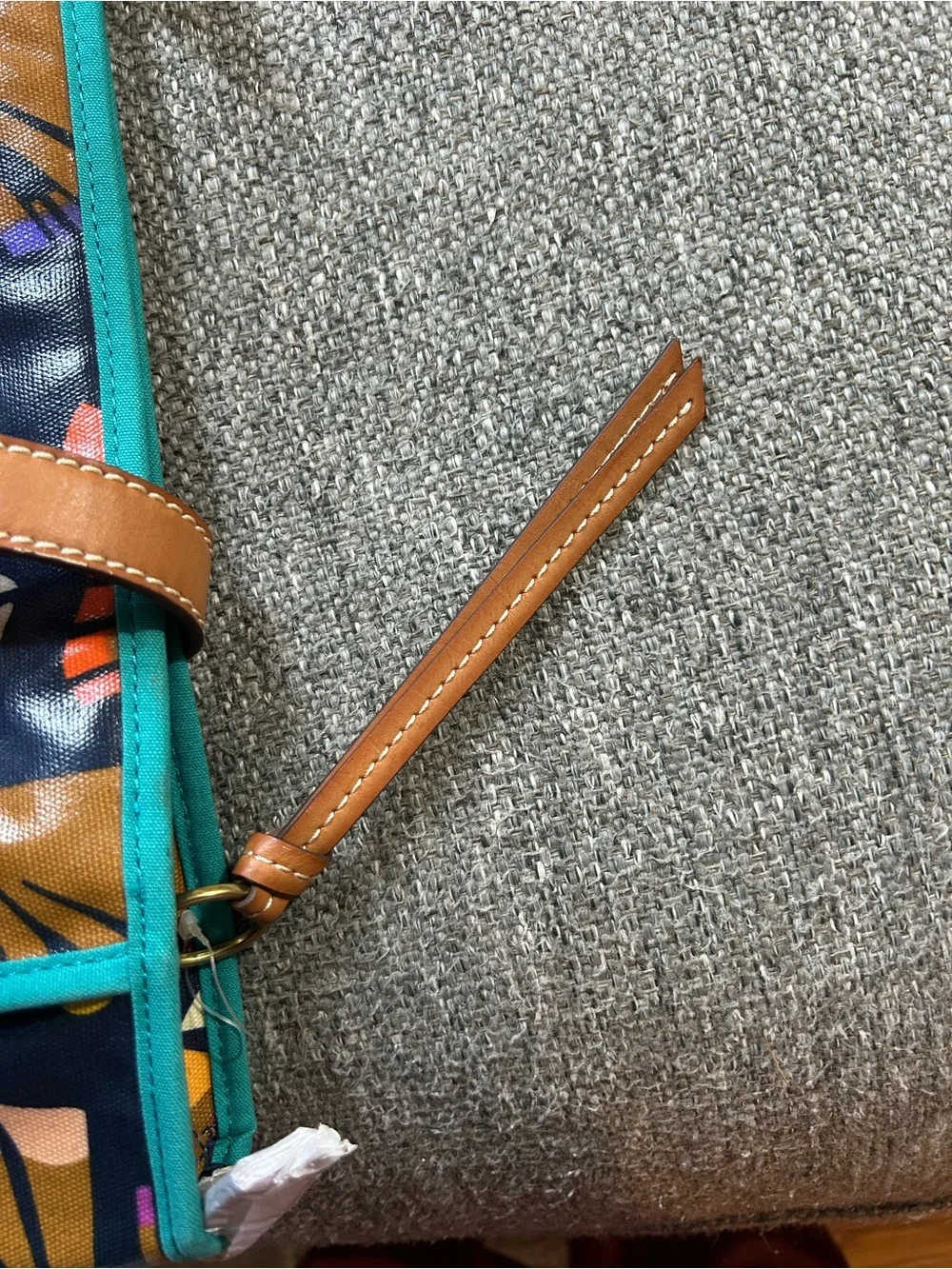 Fossil Navy Floral Fan-Print Tote with Tan Handles and Teal Trim - Picture 13 of 14